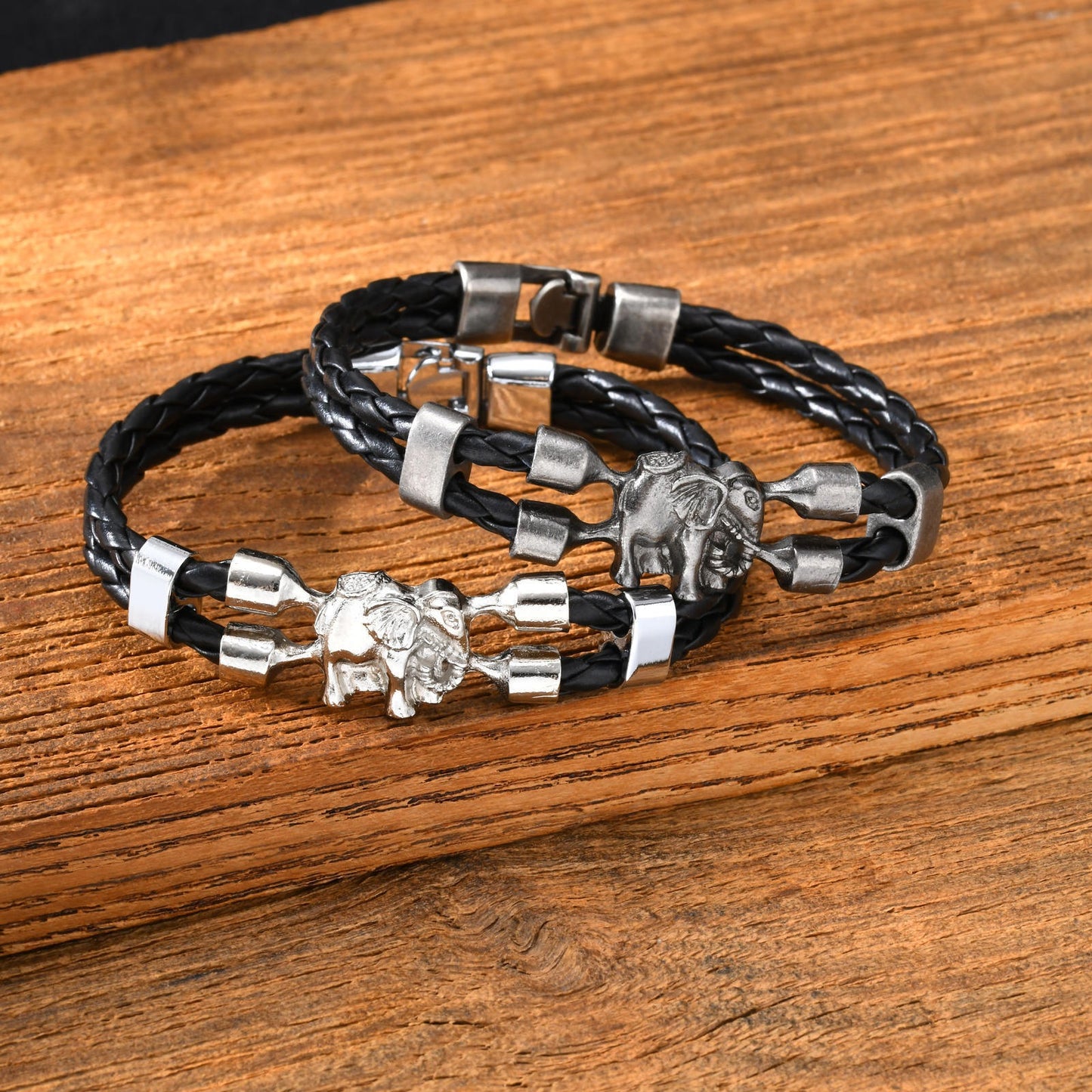 Kemstone Elephant Leather Bracelet Double Braided Black PU Cord with Alloy Clasp for Men BL-825
