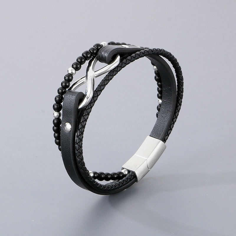 Kemstone Layered Leather Beaded Infinity Bracelet for Men Stainless Steel Clasp Wristband KB180750-JR