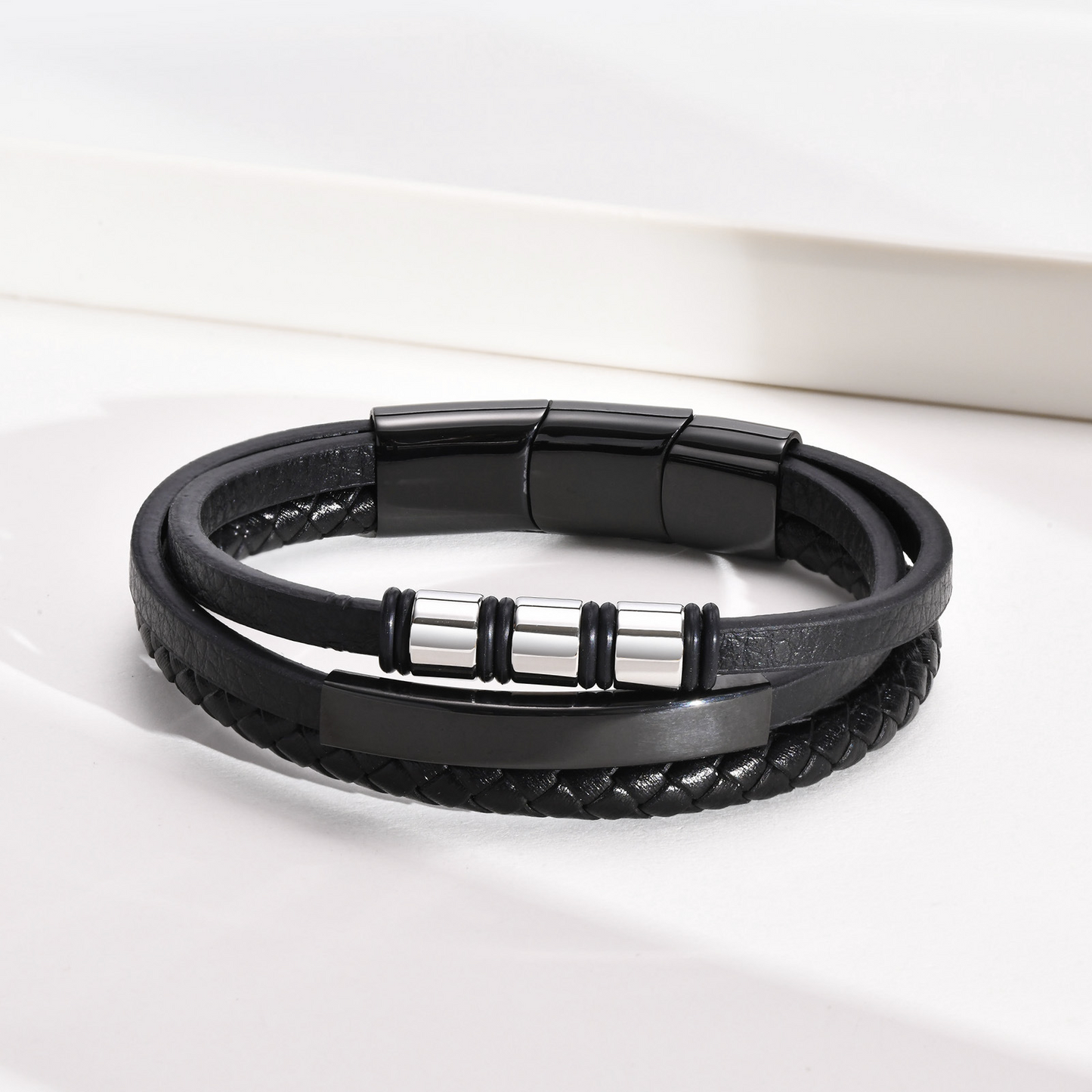 Kemstone Triple Leather Bracelet with Stainless Steel Plate for Men BL-643