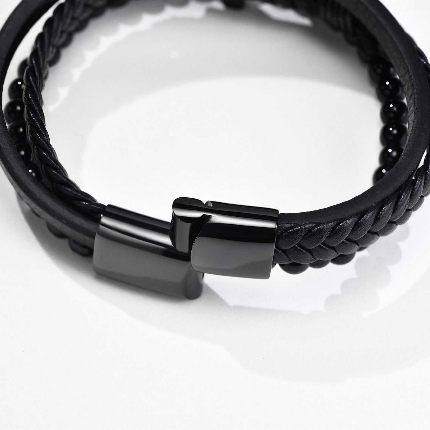 Kemstone Stainless Steel Cross Leather Bracelet for Men – Black Layered Beaded Style BL-641