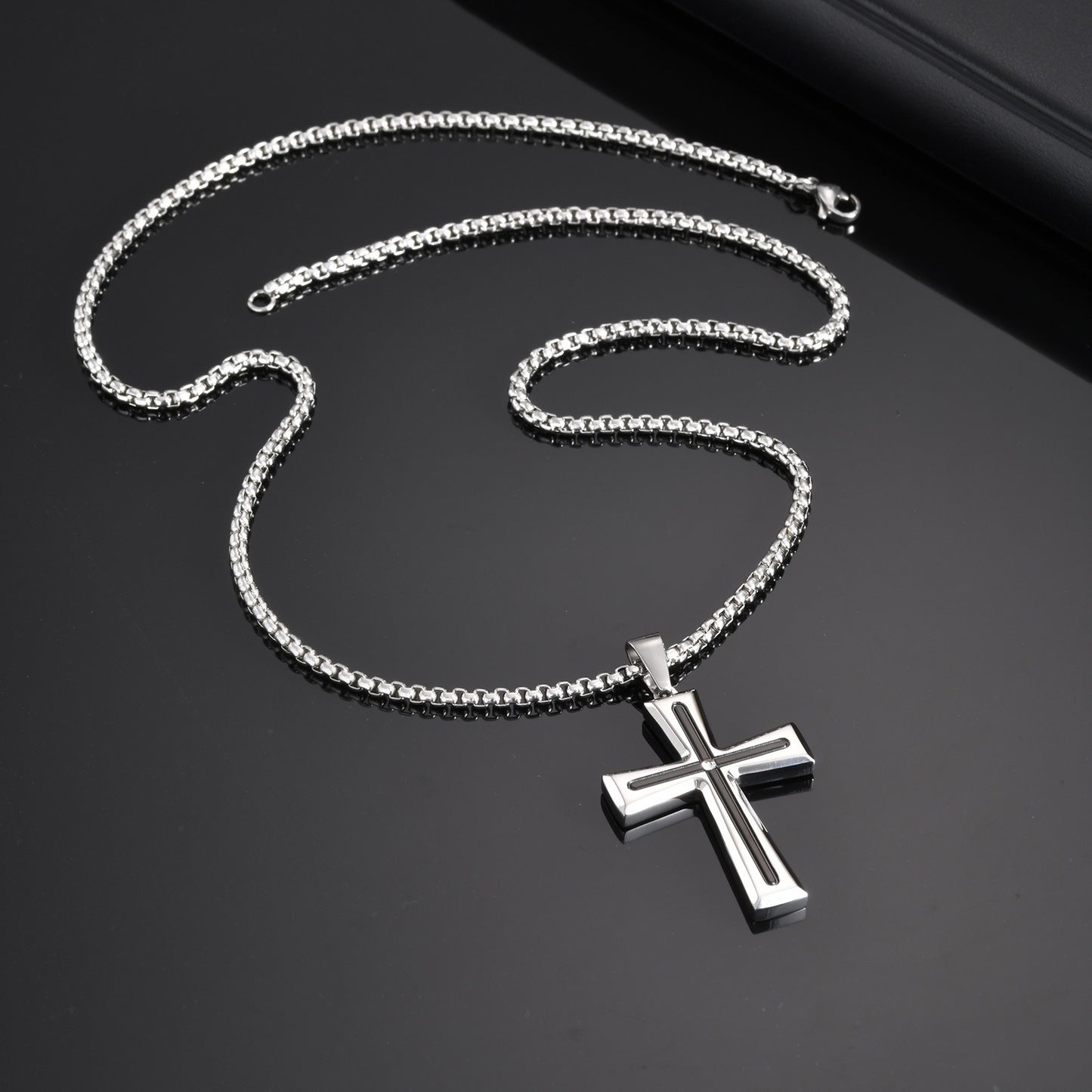 Kemstone Stainless Steel Cross Pendant Necklace for Men Cubic Zirconia Silver PN-2113