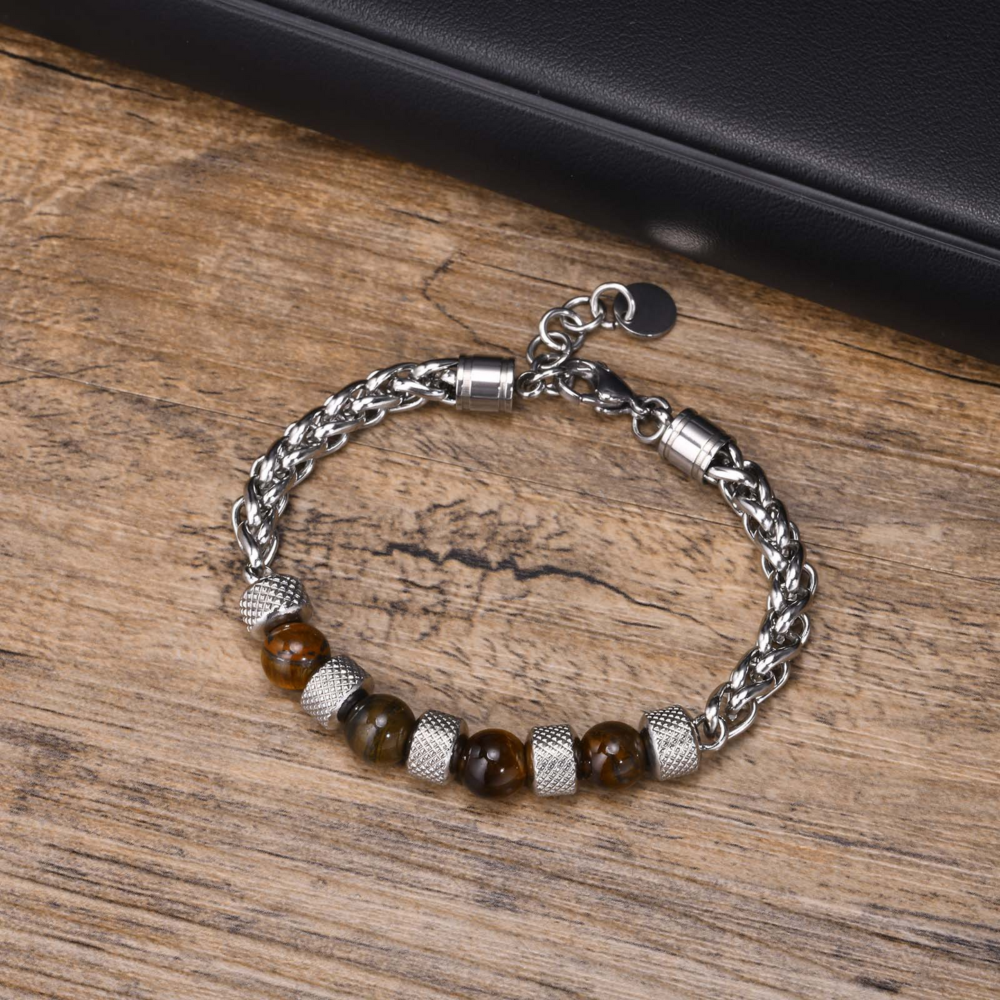Kemstone Tiger Eye Beaded Chain Bracelet for Men Stainless Steel Natural Stone Adjustable BR-1717