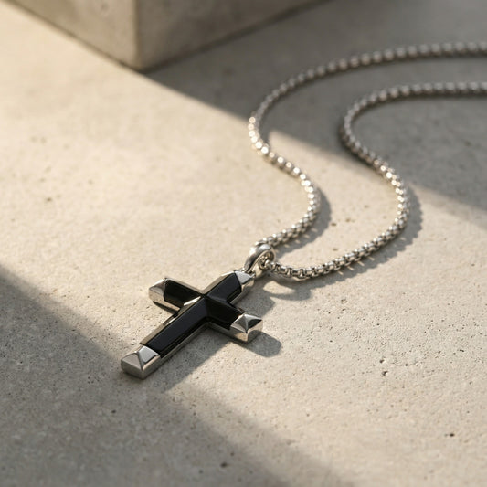 Kemstone Stainless Steel Black Onyx Cross Pendant Necklace for Men PN-2303