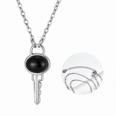 Kemstone Stainless Steel Key Pendant Necklace Black Onyx Minimalist Chain for Men & Women NC-2705
