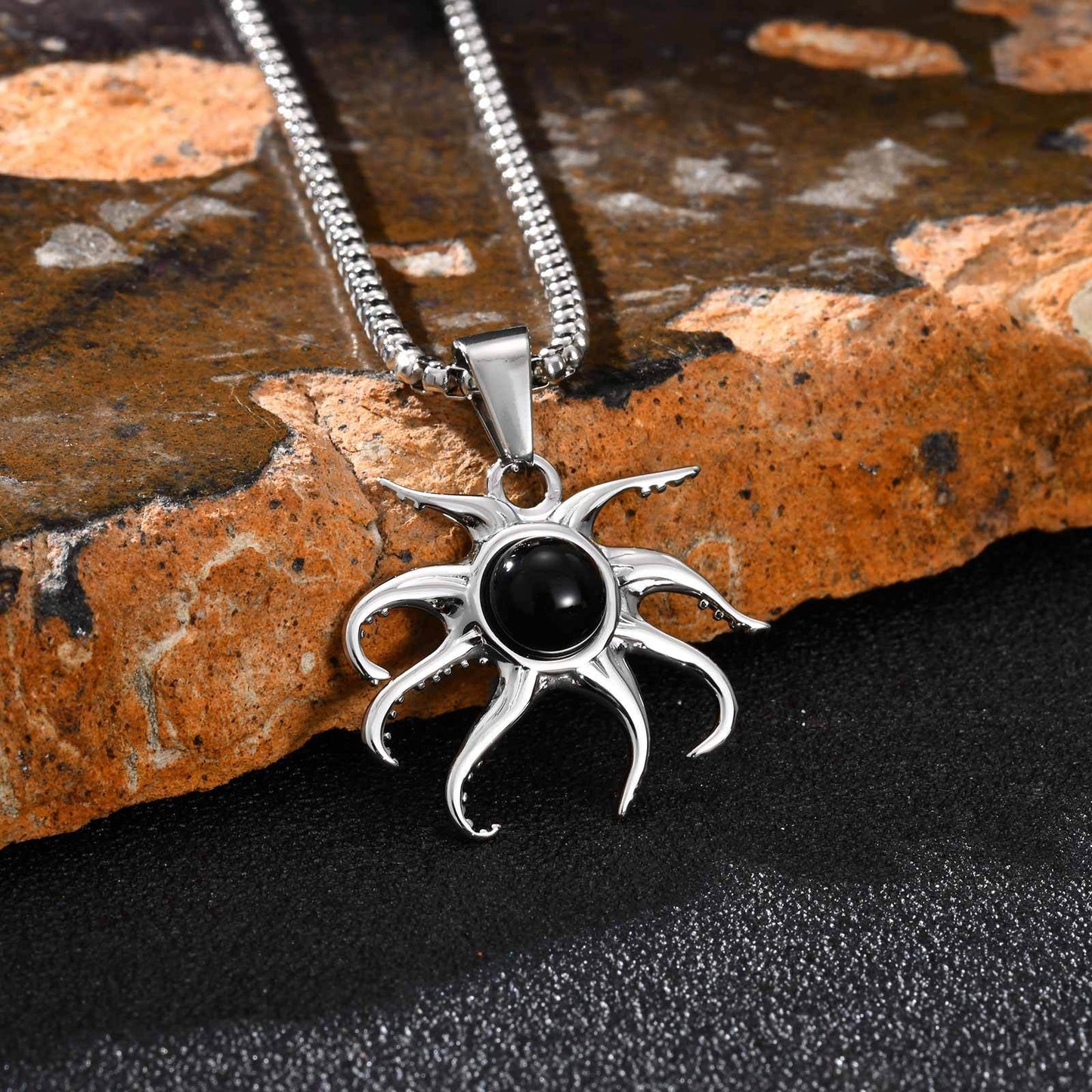 Kemstone Stainless Steel Octopus Pendant Necklace – Black Onyx Statement Style for Men PN-2220