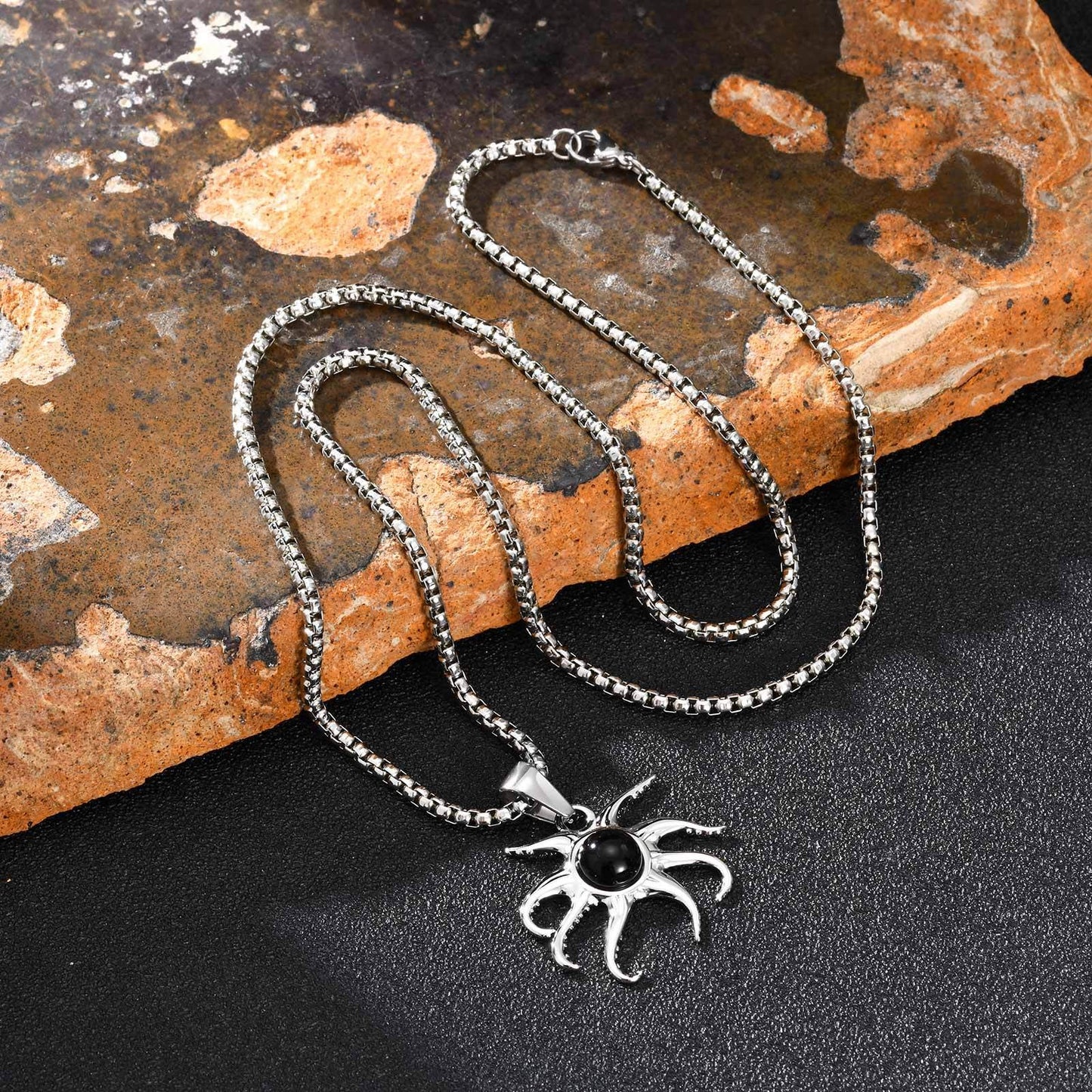 Kemstone Stainless Steel Octopus Pendant Necklace – Black Onyx Statement Style for Men PN-2220