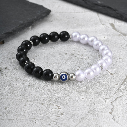 Kemstone Black Onyx Pearl Bead Bracelet for Men Stainless Steel Blue Eye Detail BR-2918