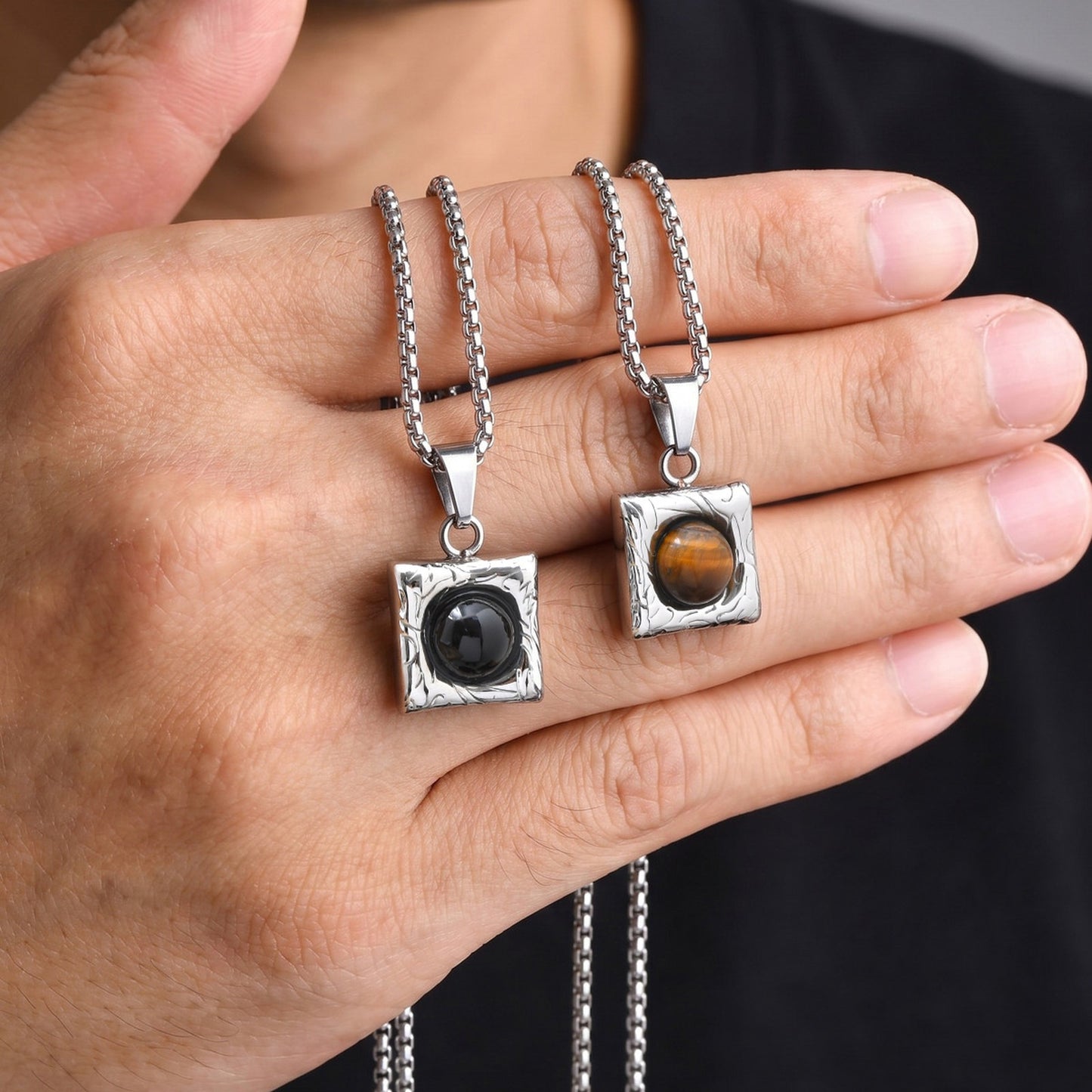 Kemston Stainless Steel Black Onyx Square Pendant Necklace for Men Minimal Stone Design PN-2421