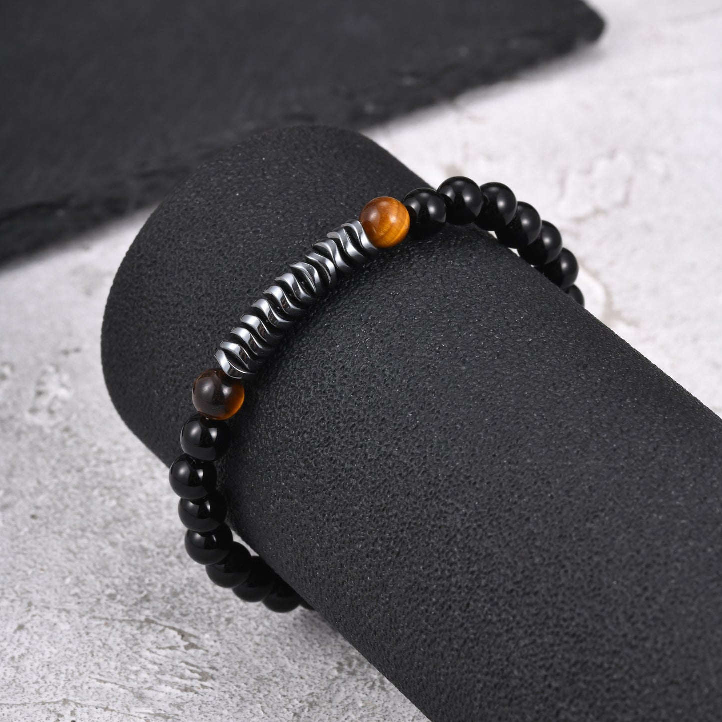 Kemston Stainless Steel Tiger Eye Beaded Bracelet for Men Black Onyx Hematite Stone Adjustable BR-2919