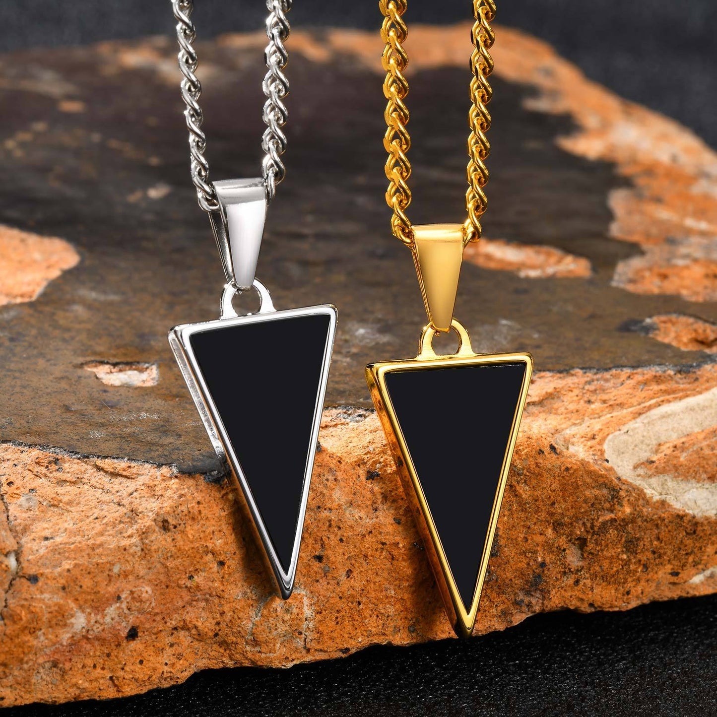 Kemstone Men’s Black Onyx Triangle Necklace – Stainless Steel Modern Pendant PN-2201