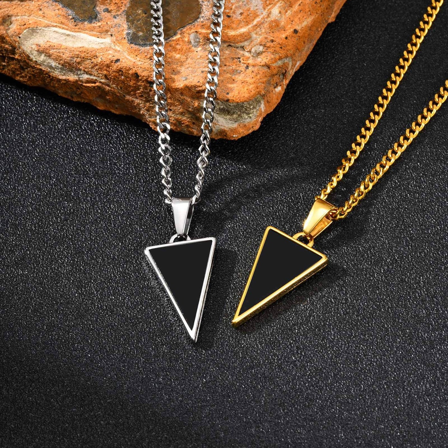 Kemstone Men’s Black Onyx Triangle Necklace – Stainless Steel Modern Pendant PN-2201