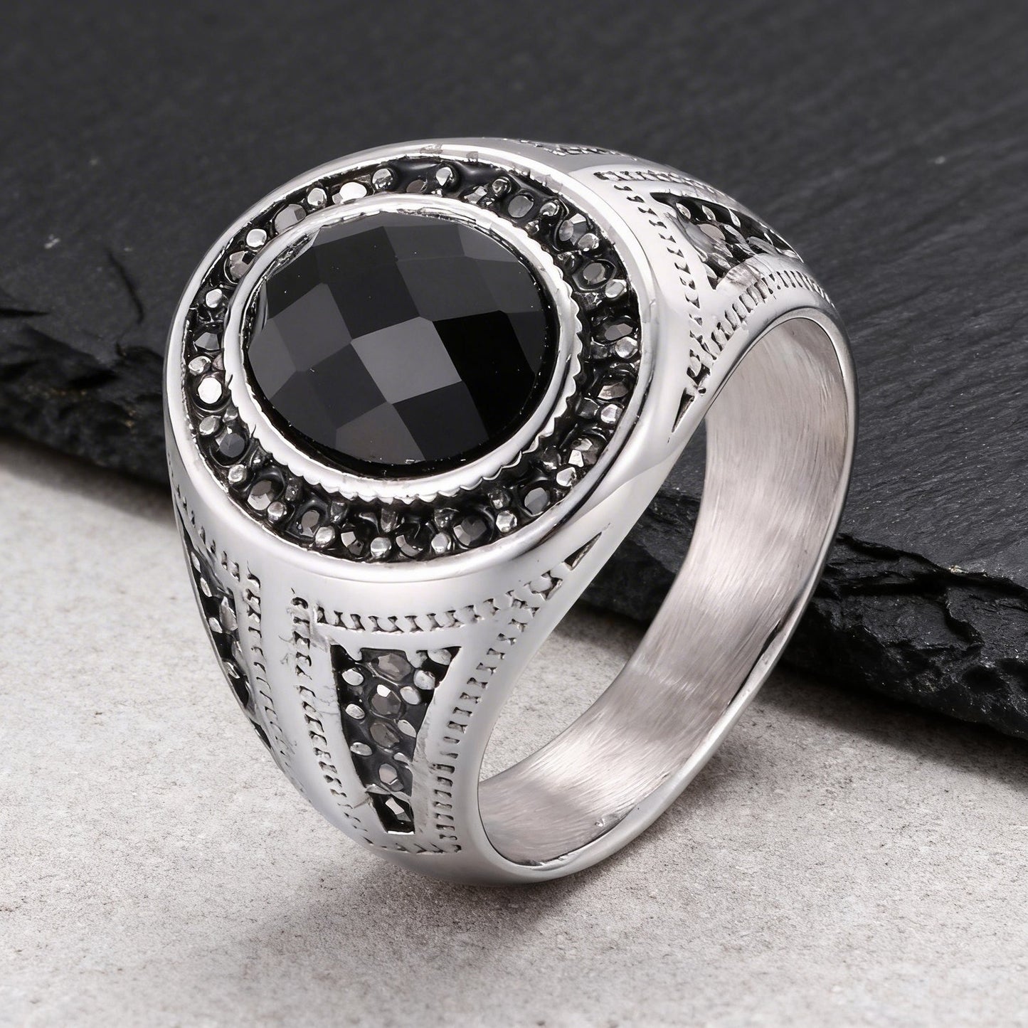 Kemstone Stainless Steel Black Oval Signet Ring Vintage Glass Detail for Men RC-842