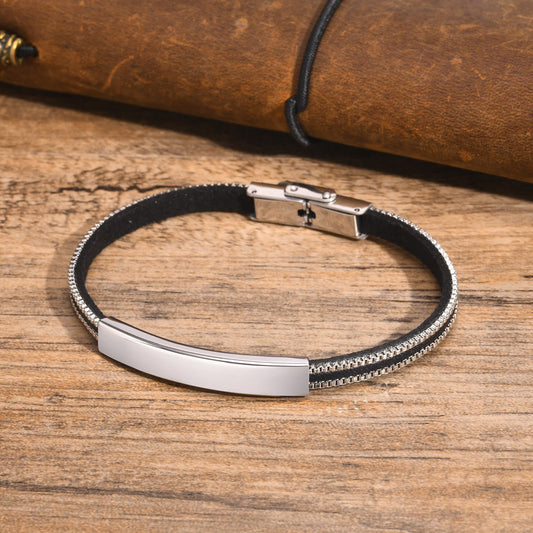 Kemstone Stainless Steel ID Plate Leather Bracelet for Men – Double Chain Edge, Black Silver BL-729