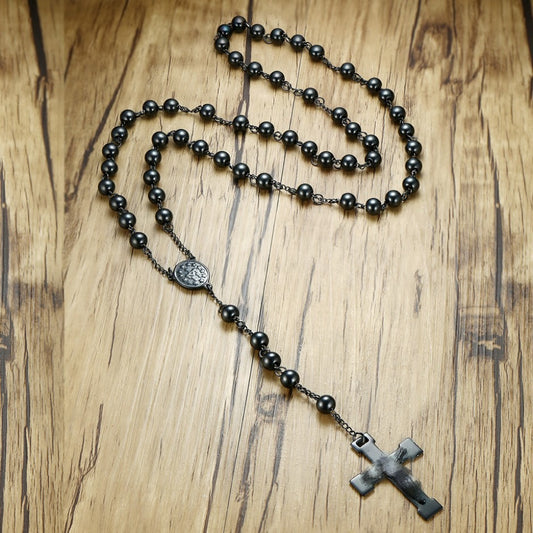 Kemstone Stainless Steel Black Rosary Cross Necklace for Men NC-351