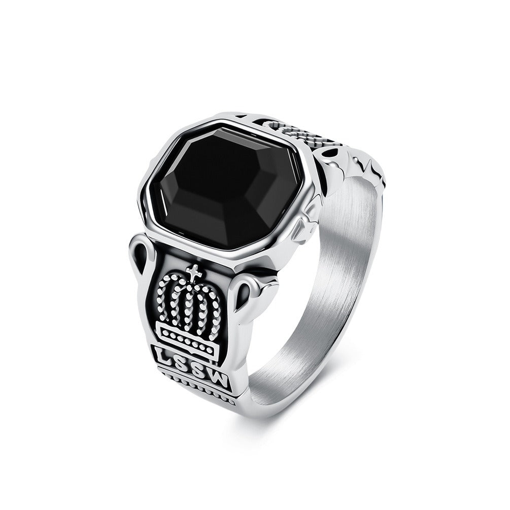 Kemstone Black Stone Signet Ring for Men Stainless Steel Crown Detail Vintage Silver Gold K-R1144