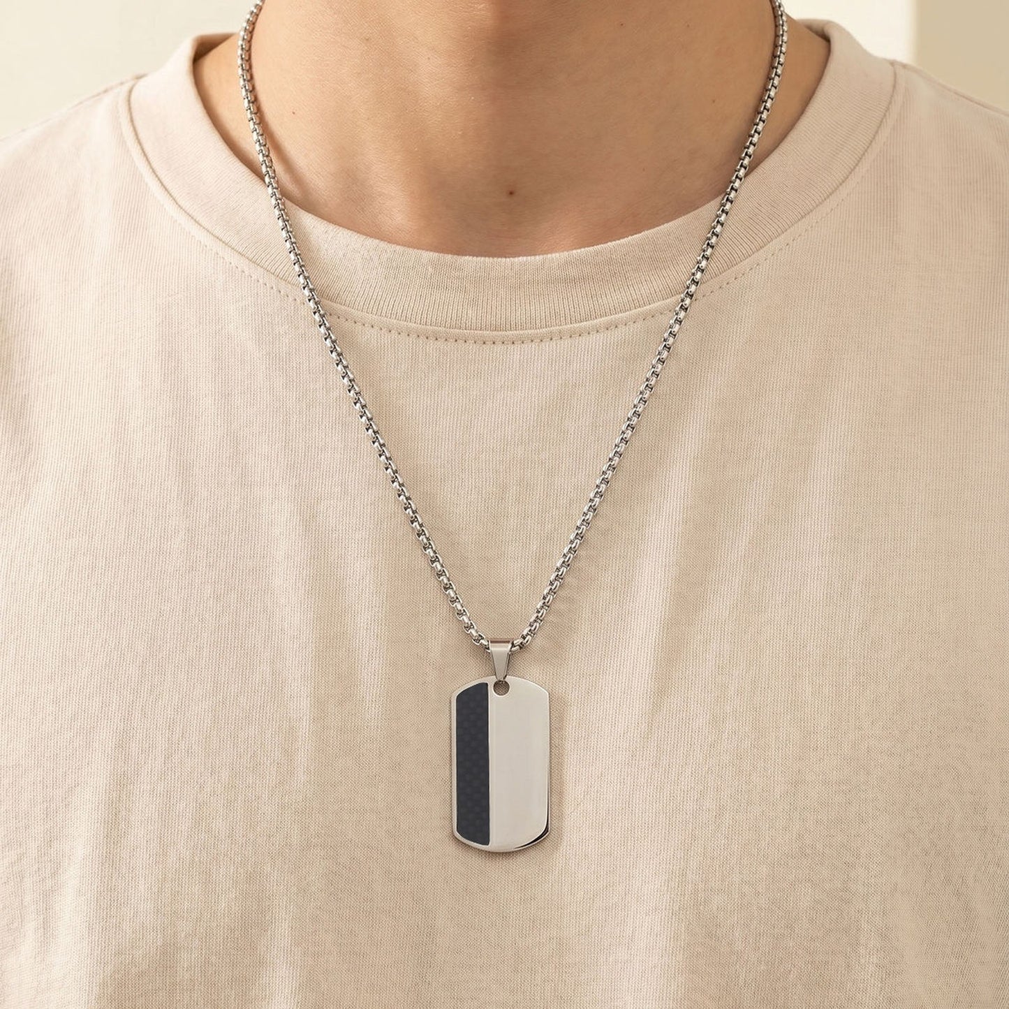 Kemstone Stainless Steel Carbon Fiber Tag Pendant Necklace for Men Silver PN-2160