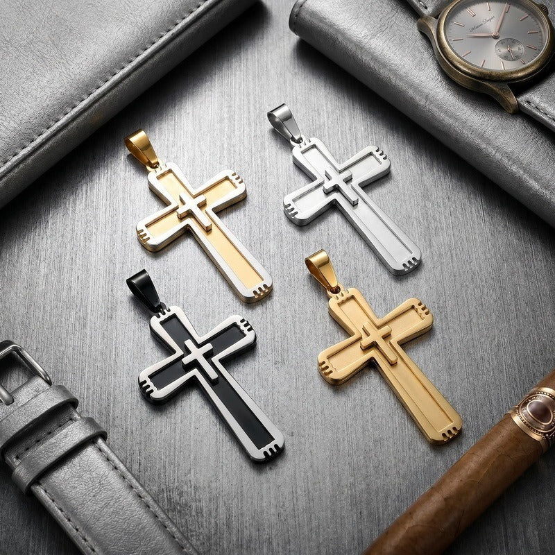 Kemston Double Layer Cross Pendant Necklace for Men Stainless Steel Inset Cross Design KP119384-KL