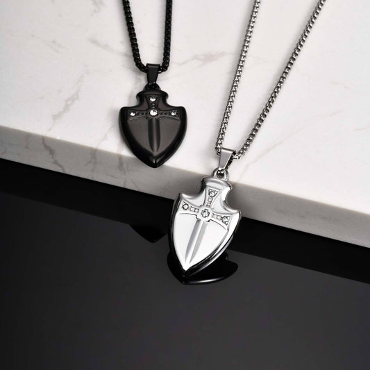 Kemstone Stainless Steel Shield Pendant Necklace for Men Cubic Zirconia Sword Design PN-2177
