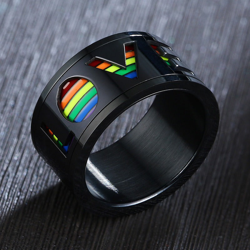 Kemstone Rotating Rainbow Inlay Stainless Steel Spinner Ring for Men – 11mm Band PR-029B