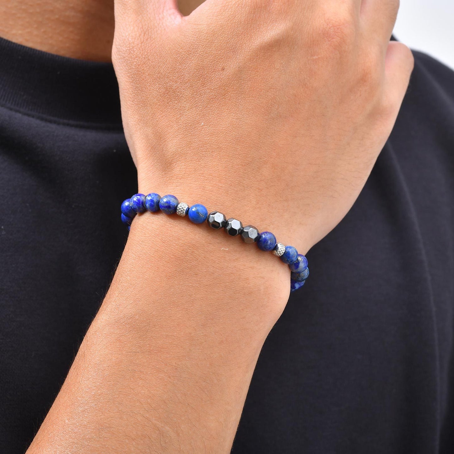 Kemston Lapis Lazuli Black Stone Beaded Bracelet for Men Stainless Steel Vintage Style BR-2917