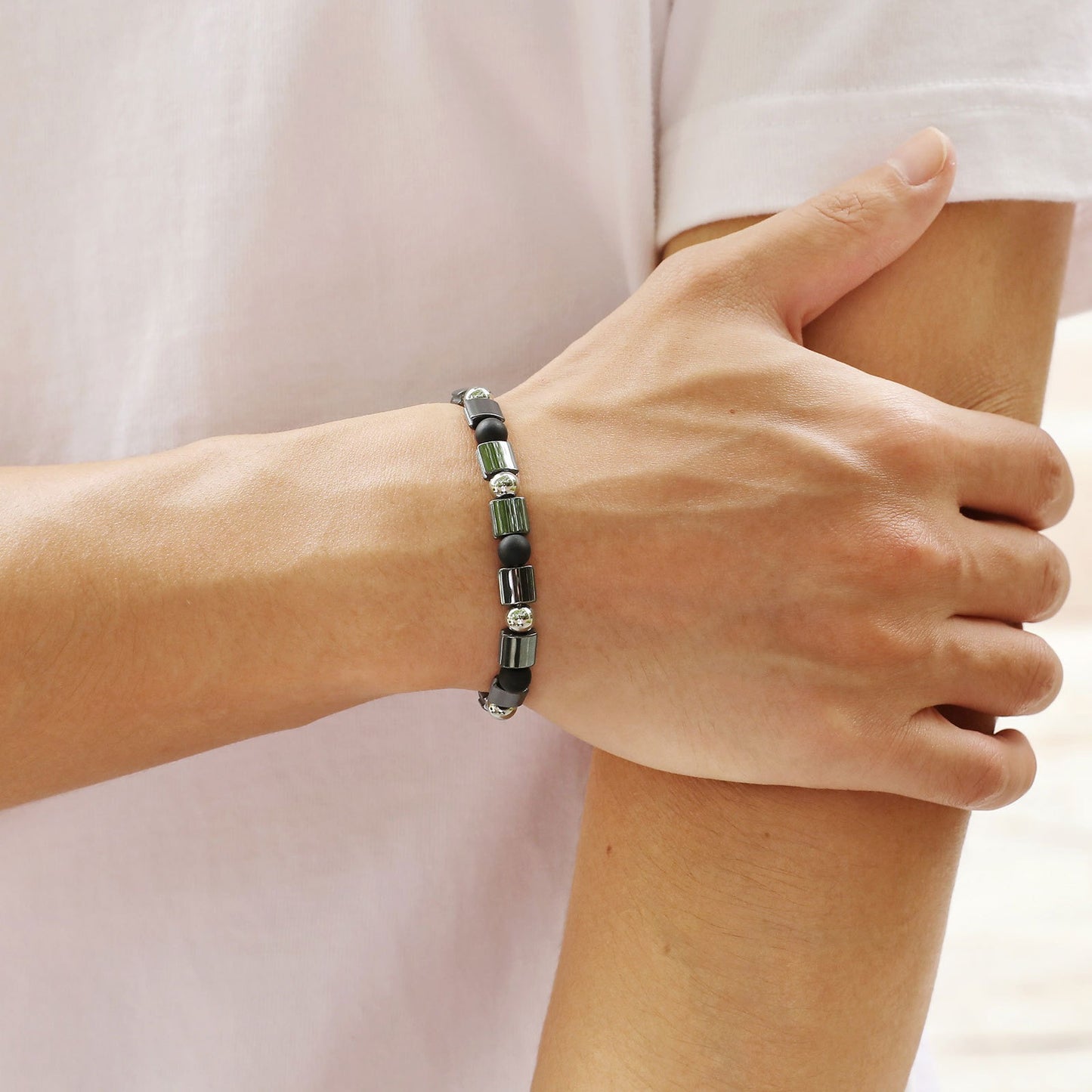 Kemstone Stainless Steel Hematite Bead Bracelet – Matte Square Stone Design for Men BR-1906