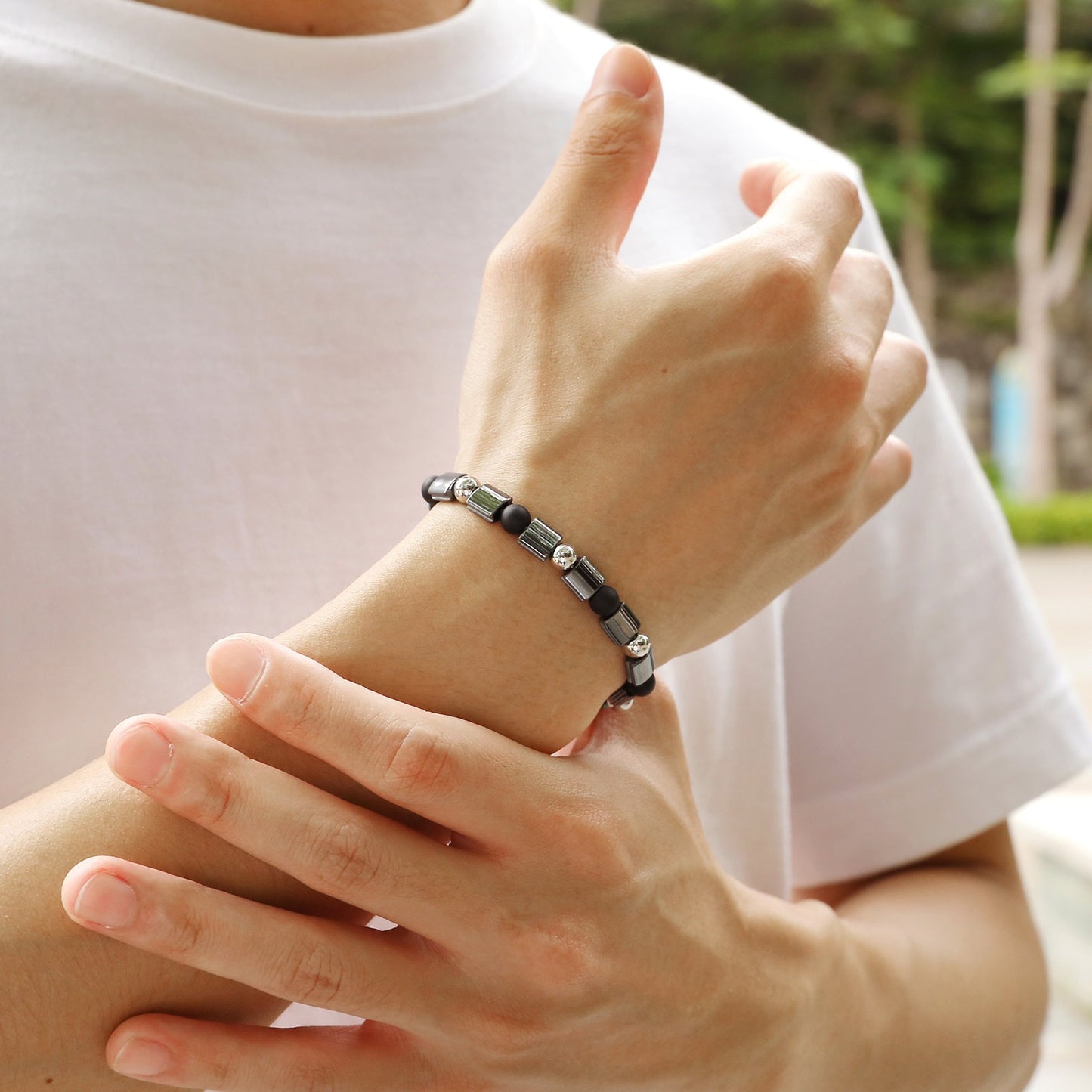 Kemstone Stainless Steel Hematite Bead Bracelet – Matte Square Stone Design for Men BR-1906