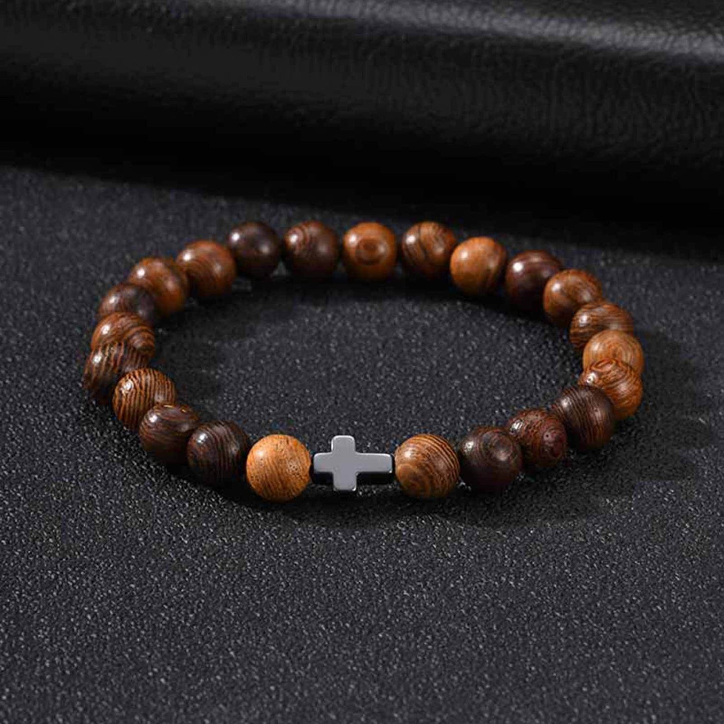 Kemston Wenge Wood Bead Cross Bracelet for Men & Women Black Stone Accent BR-3030