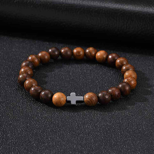 Kemston Wenge Wood Bead Cross Bracelet for Men & Women Black Stone Accent BR-3030