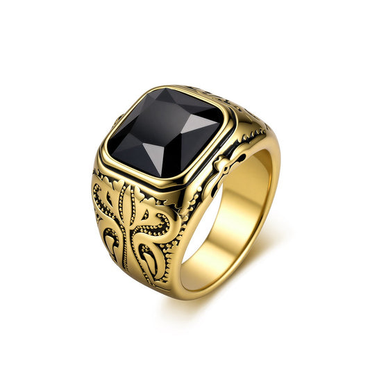 Kemston Black Stone Signet Ring for Men Stainless Steel Vintage Engraved Design K-R1199