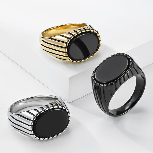 Kemstone Stainless Steel Black Stone Signet Ring for Men Vintage Oval K-R1177