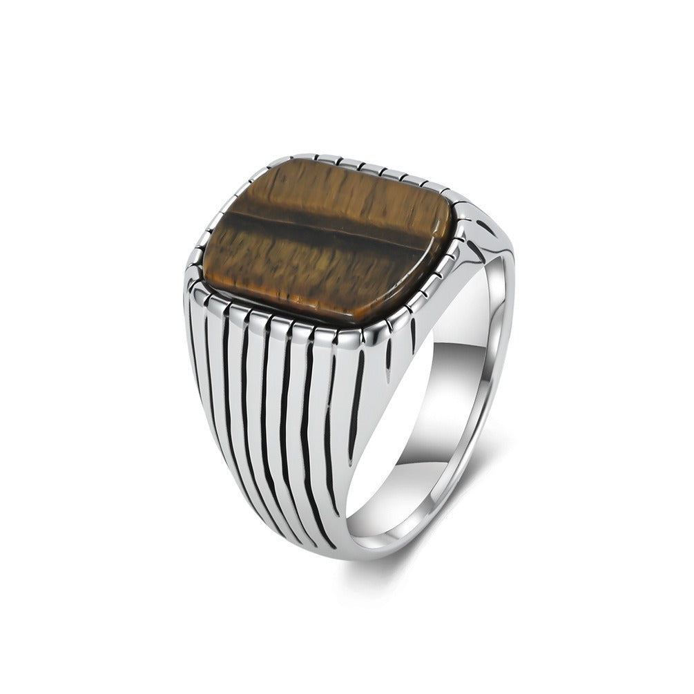 Kemstone Stainless Steel Tiger Eye & Turquoise Signet Ring for Men Square Stone K-R1174
