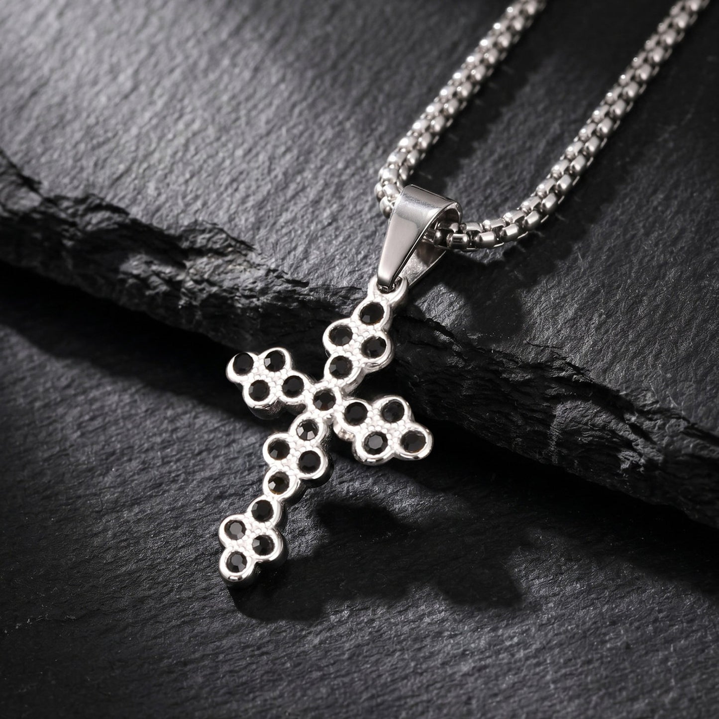Kemstone Stainless Steel Black Cubic Zirconia Cross Pendant Necklace for Men Women PN-2320