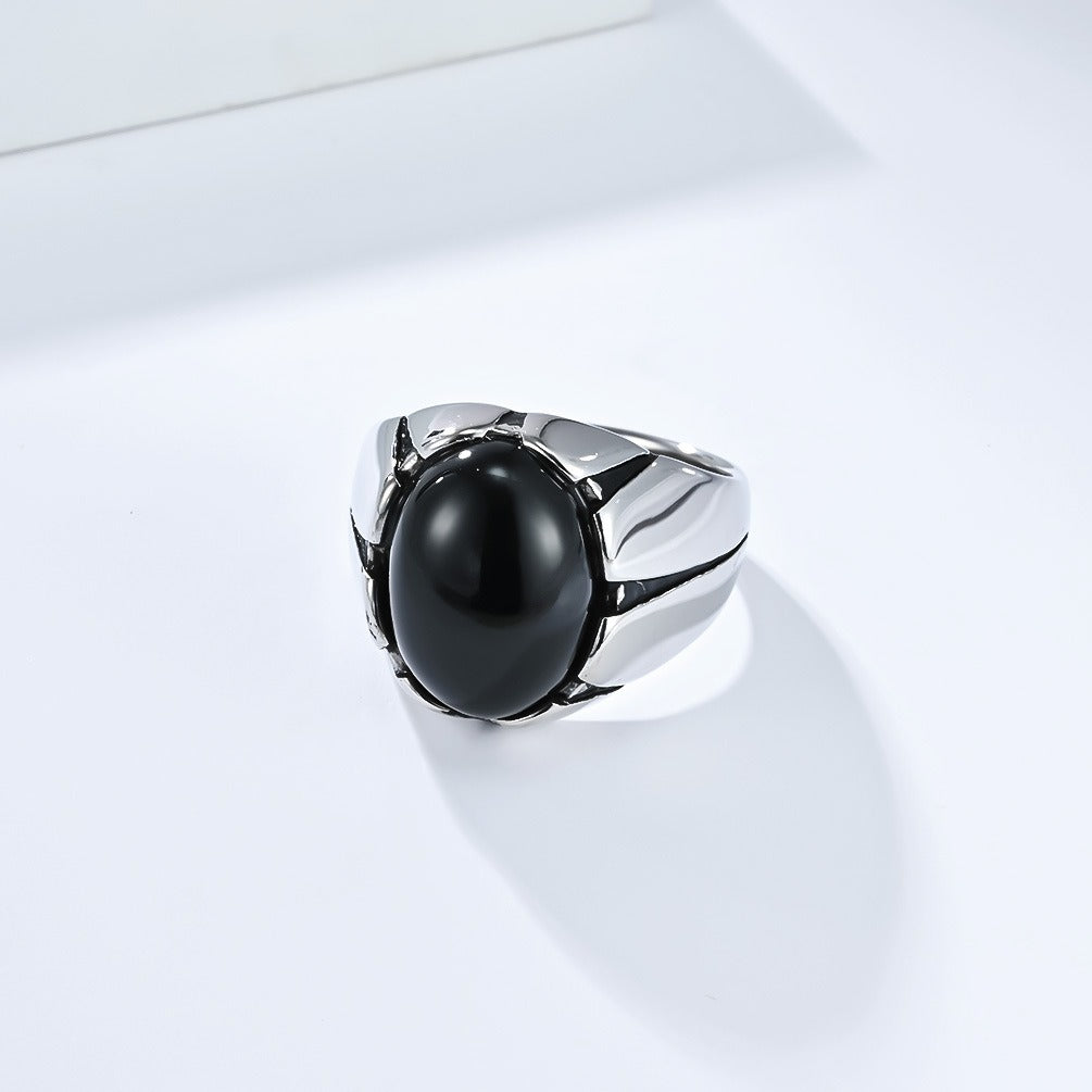 Kemstone Men’s Stainless Steel Oval Stone Ring – Black Stone & Tiger Eye K-R999