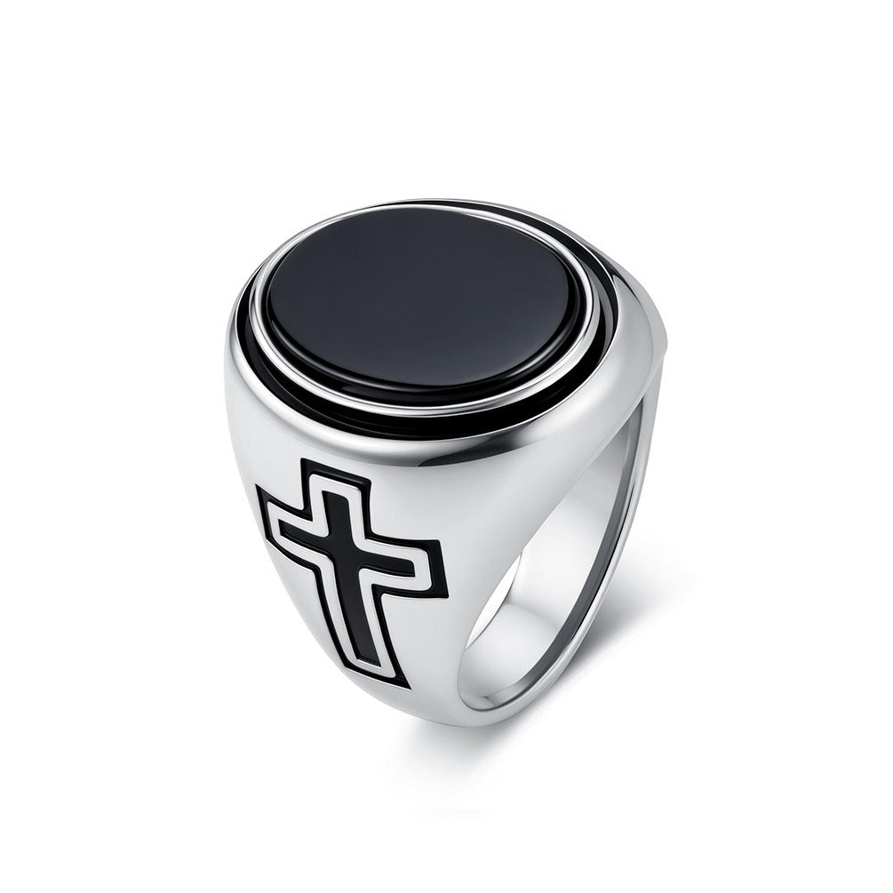 Kemston Oval Stone Signet Ring for Men Stainless Steel Engraved Cross K-R1202