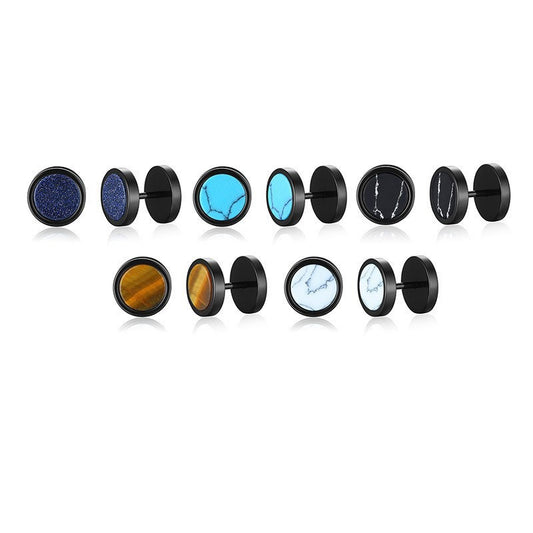 Kemstone Stud Earrings for Men Stainless Steel Round Stone Detail Black ES-302