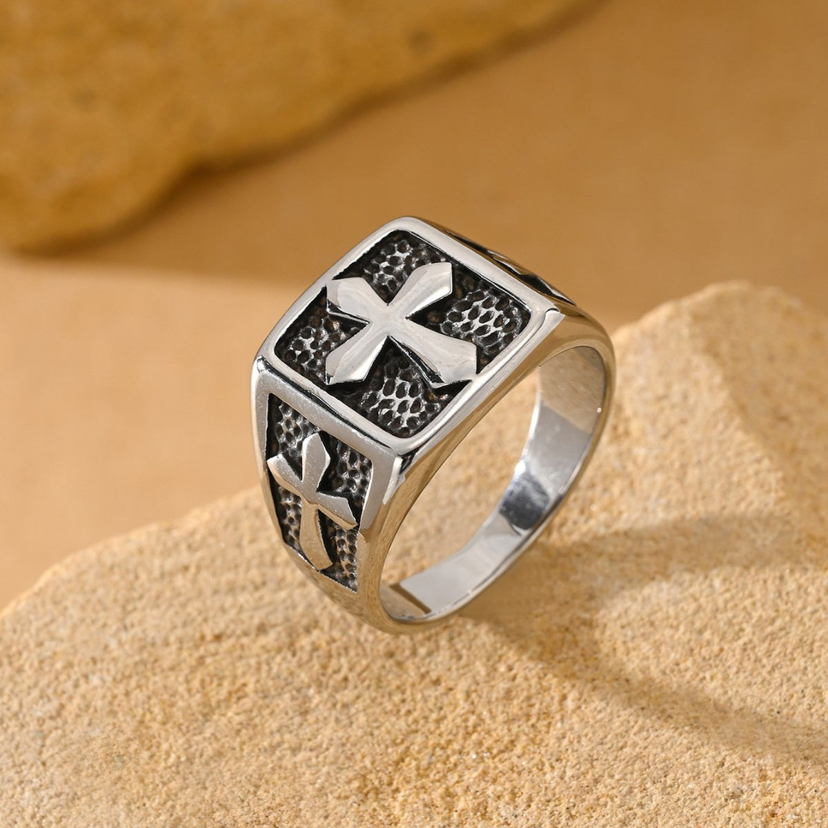 Kemstone Square Cross Signet Ring for Men Stainless Steel Vintage TR0532