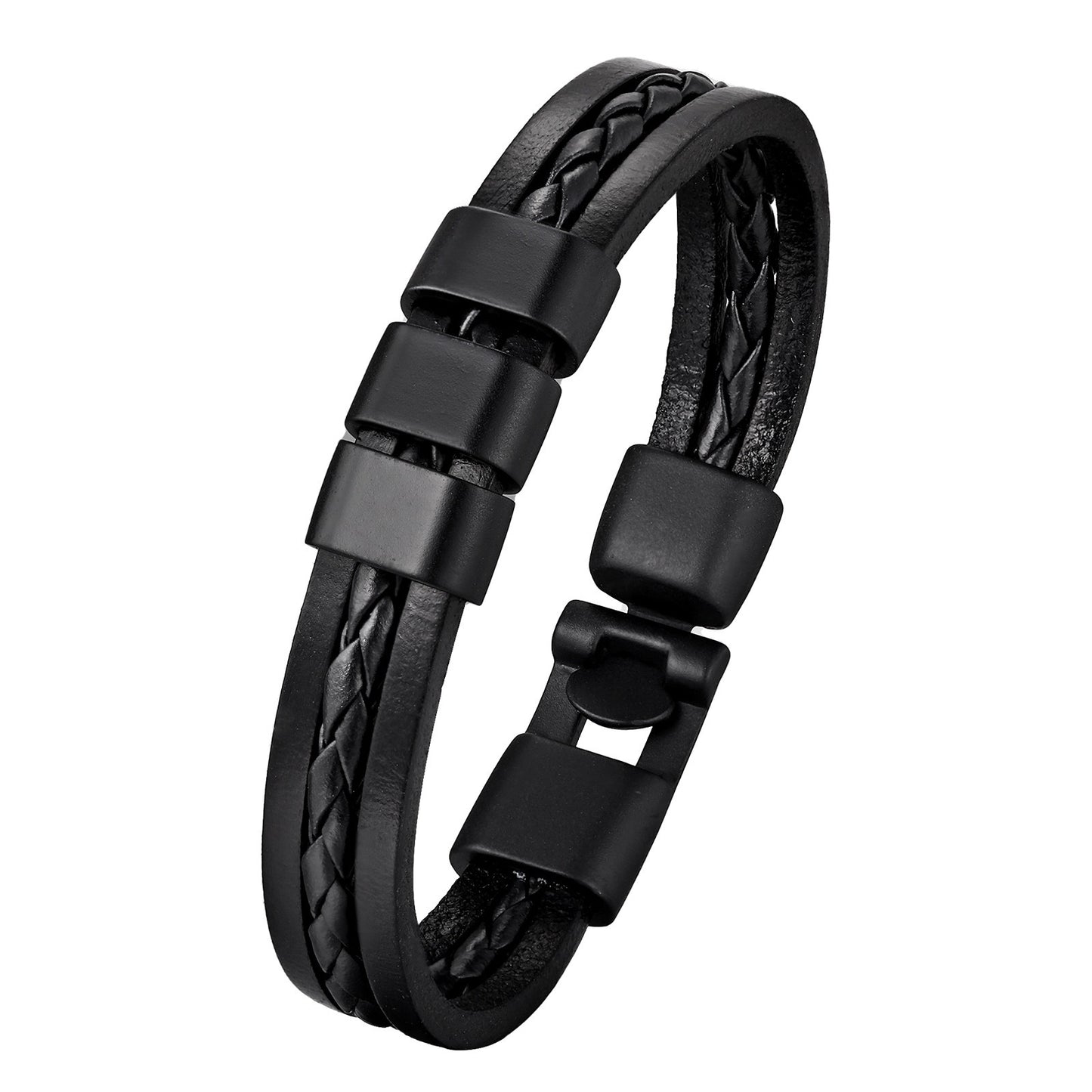 Kemstone Triple Layer PU Leather Bracelet – Black Minimal Street Style for Men BL-826