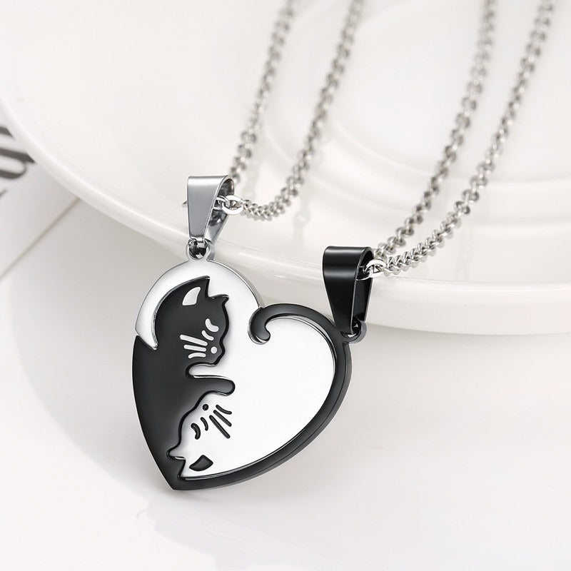 Kemston Titanium Steel Cat Couple Necklace Black White Heart 55cm TN0197