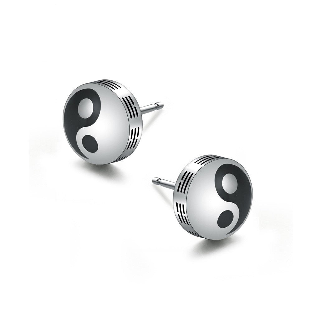 Kemstone Titanium Steel Black White Stud Earrings for Men Minimal Round K-E039