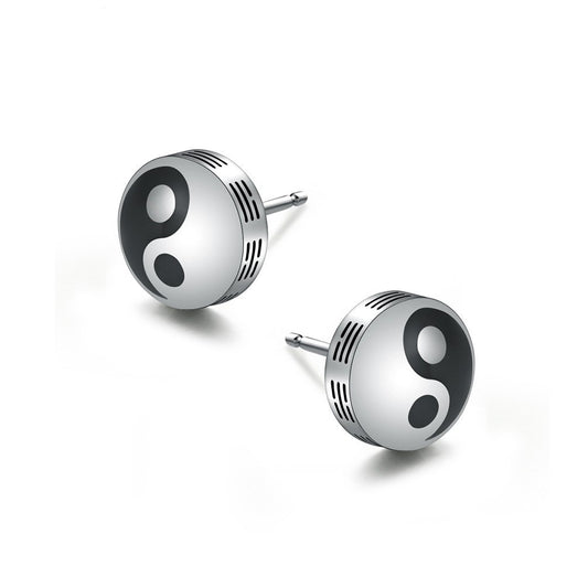 Kemstone Titanium Steel Black White Stud Earrings for Men Minimal Round K-E039