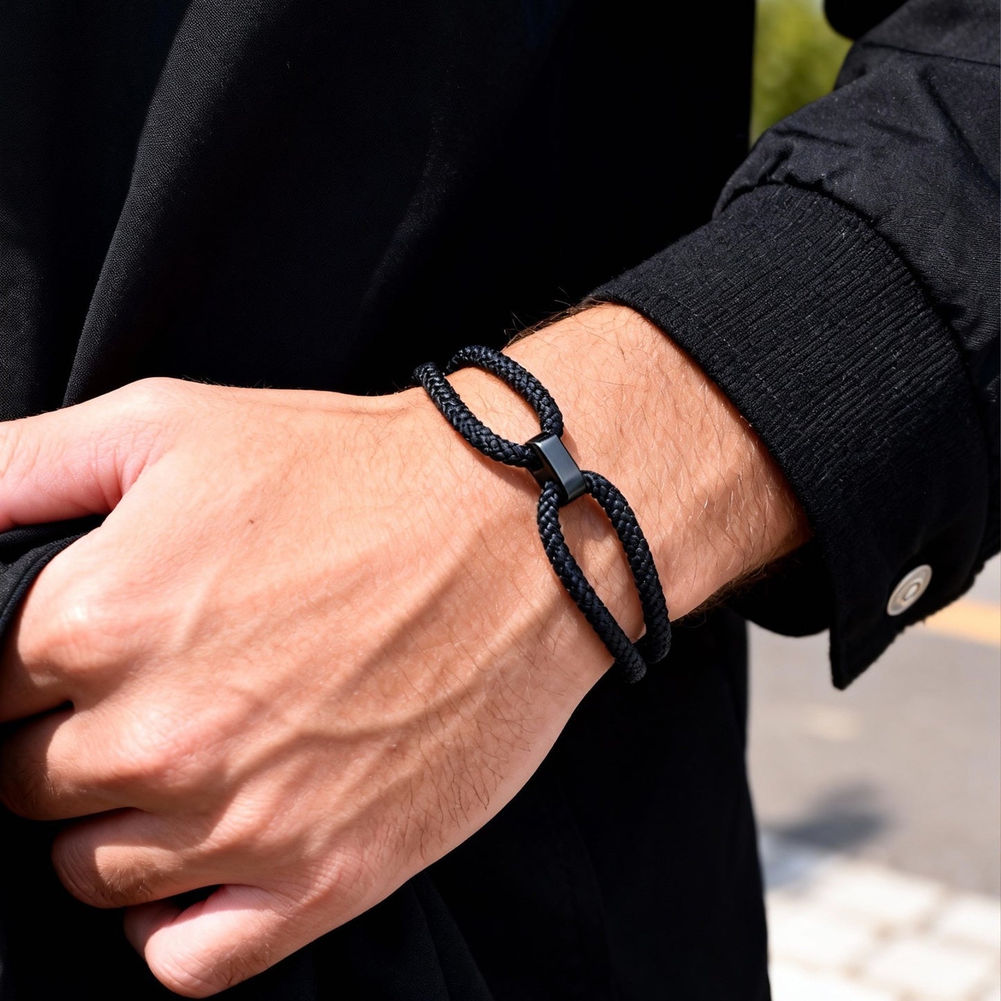 Kemstone Adjustable Black Cord Bracelet Stainless Steel for Men & Women BR-2618