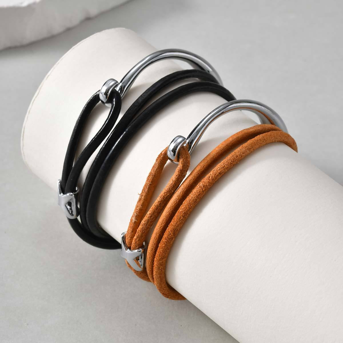 Kemstone Multi-Layer Black Leather Cord Alloy Bracelet for Men & Women BL-824