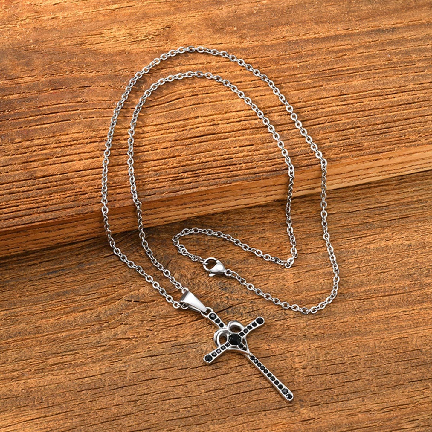 Kemstone Cross Pendant Necklace for Men Stainless Steel Black Cubic Zirconia Heart Curve Chain PN-2268S