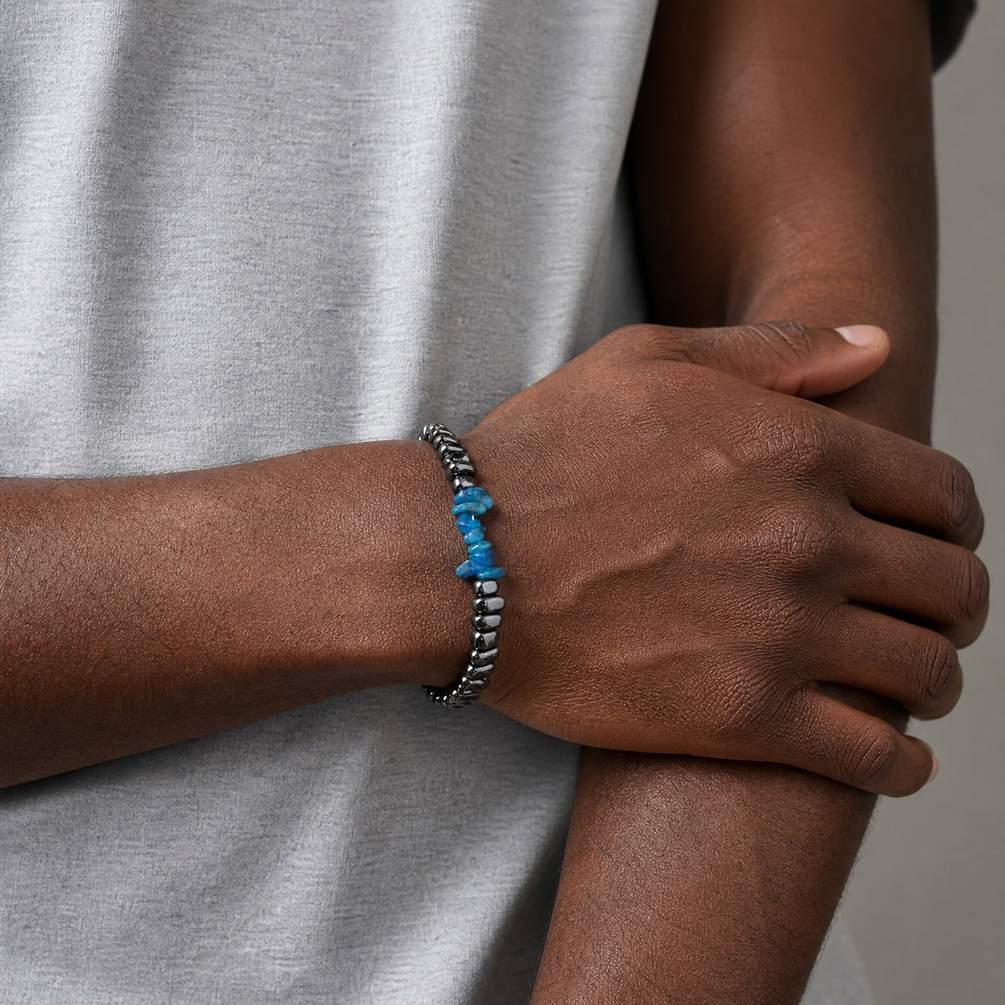 Kemston Stainless Steel Blue Apatite Stone Bead Bracelet for Men BR-3029
