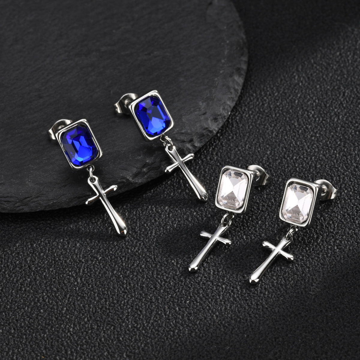 Kemstone Blue Crystal Cross Earring for Men Stainless Steel ED-1148