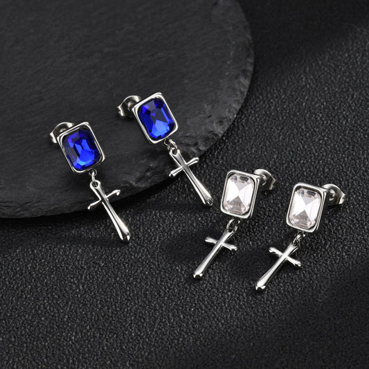 Kemstone Blue Crystal Cross Earring for Men Stainless Steel ED-1148
