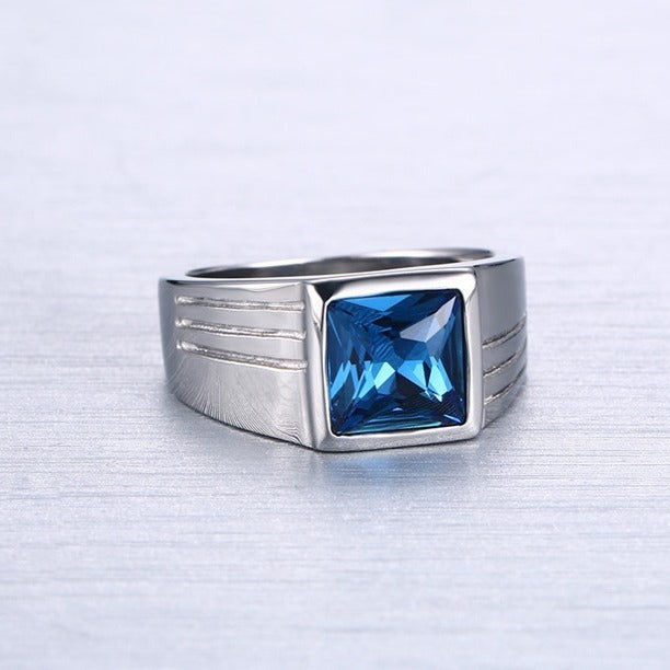 Kemstone Stainless Steel Blue Cubic Zirconia Ring for Men Silver RC-269