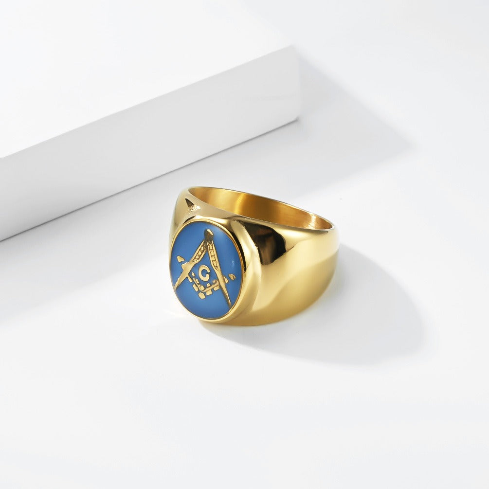 Kemstone Stainless Steel Freemason Blue Emblem Signet Ring for Men Vintage Symbol K-R1182