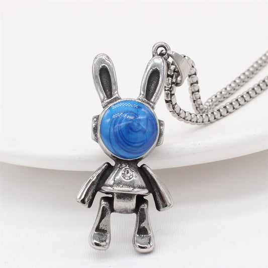 Kemstone Rabbit Head Pendant Necklace Titanium Steel Blue Inlay for Men & Women P1429