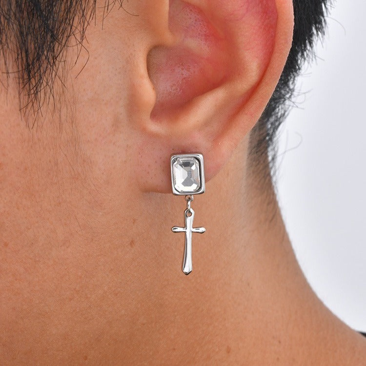 Kemstone Blue Crystal Cross Earring for Men Stainless Steel ED-1148